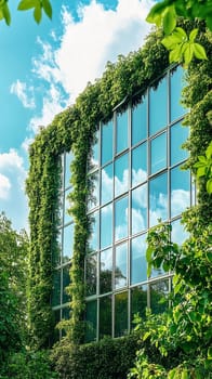 Green building facade reflecting the blue sky on a sunny day