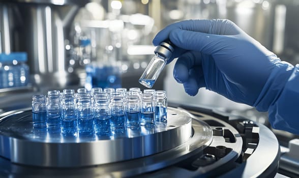 Scientist is working on a production line, holding a vial containing blue liquid