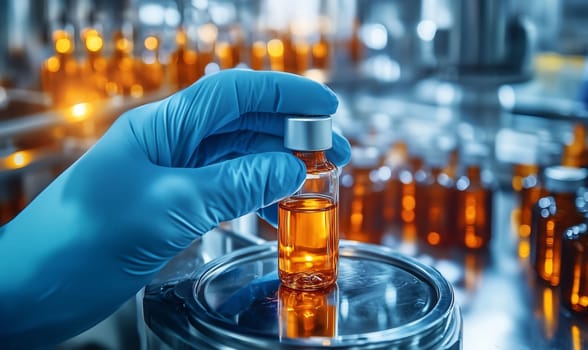 Scientist is holding a vial of liquid on a production line in a pharmaceutical factory