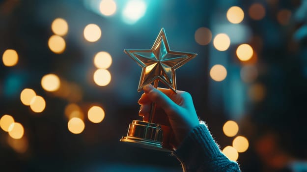 Woman is holding golden star award trophy on blurred lights background