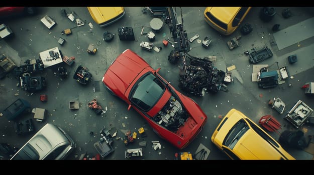 Aerial view of a red sports car undergoing repairs in a bustling junkyard, surrounded by car parts and tools