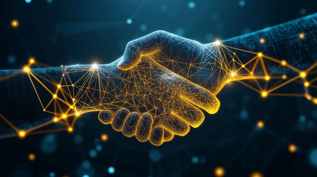 Two digital hands shaking, representing a technological agreement or partnership