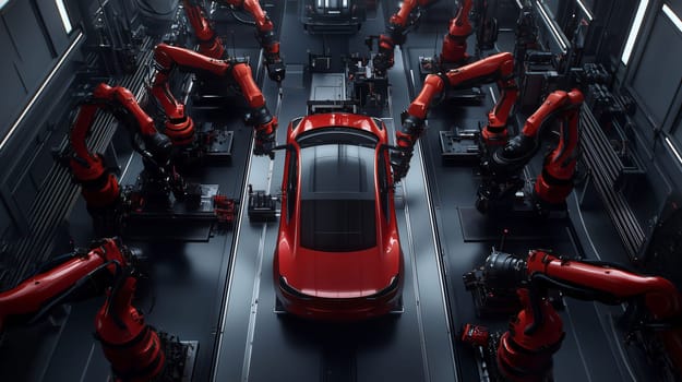Red sports car is being assembled by red industrial robots in a modern factory