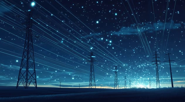 Energy and electricity are transferring through power lines under the starry night sky