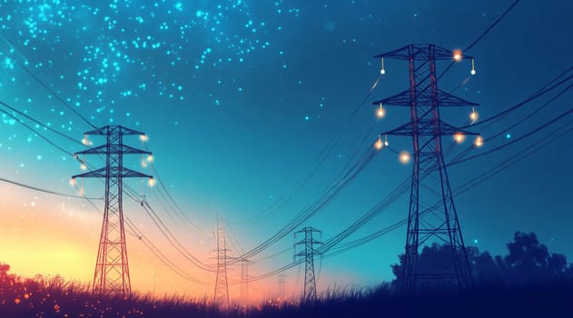 Series of high voltage electric towers are extending toward the horizon, illuminated by the warm light of the setting sun
