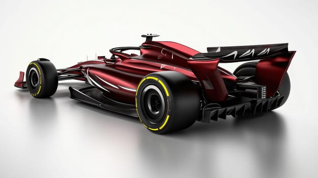 3d rendering of a red racing car standing on a white background, with a yellow line on its tires