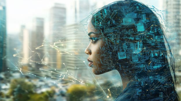 Young professional woman using artificial intelligence in smart city business center