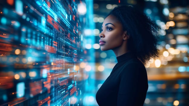 Businesswoman is looking at a futuristic screen with data flowing in a modern city at night