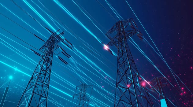 Power grid lines and electricity pylons transferring energy against a night sky