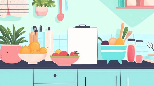 Modern kitchen counter with fresh fruit, vegetables, and a blank recipe book open for your own creative recipe ideas