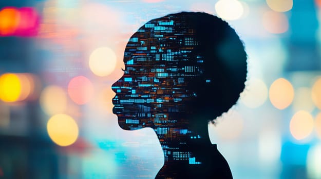 Silhouette of a woman merging with digital data, symbolizing the fusion of technology and humanity in a vibrant cityscape