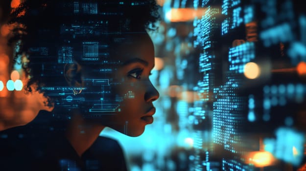 Female programmer is working with abstract code data in a double exposure composition