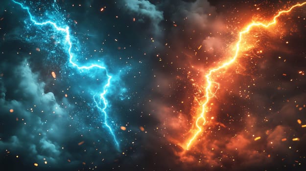 Blue and orange lightning bolts are colliding in a dark cloudy sky, with sparks flying around them