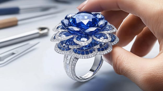 Jeweler presenting a luxury sapphire and diamond ring in the shape of a flower