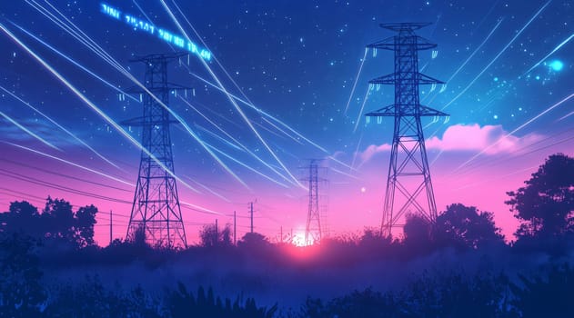Power lines stretching into the distance, pulsing with futuristic energy under a vibrant, starry sky