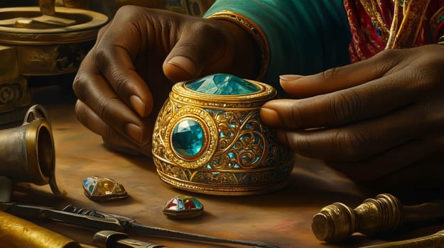 Jeweler carefully holding a richly decorated jeweled orb, crafting in a workshop