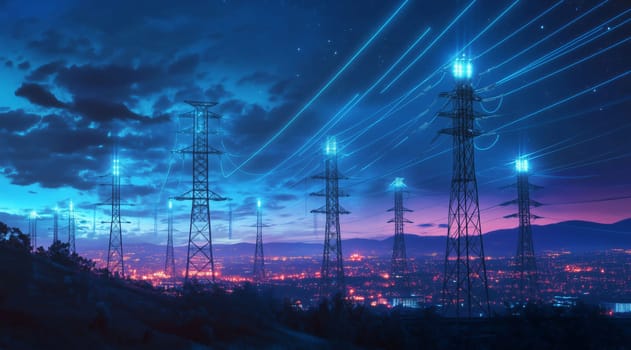 High voltage power lines are delivering electricity to a city at night