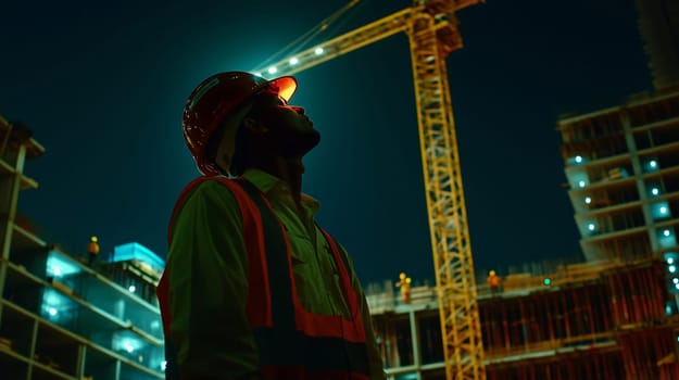 Construction worker looking up at night on construction site with crane