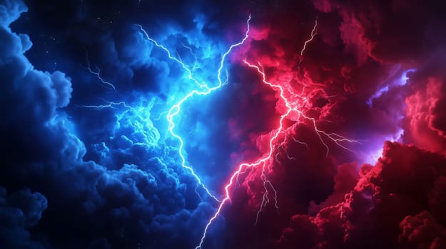 Lightning bolts are flashing through a stormy sky, illuminating the clouds with red and blue light