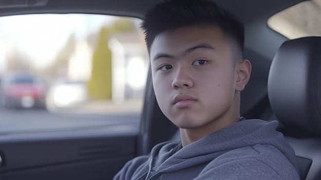 Serious young man is sitting in the driver's seat of a car