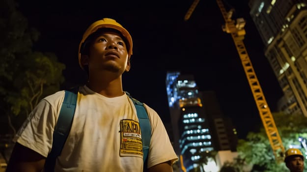 Construction worker looking up with a building project and crane in the background at night