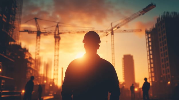 Silhouette of a construction worker standing on a building site with cranes at sunset