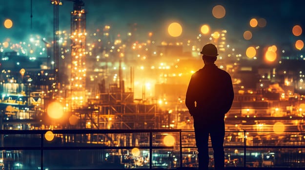 Engineer is looking at an industrial plant at night