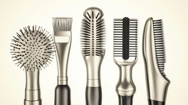 Five various chrome and black hairbrushes standing on light background