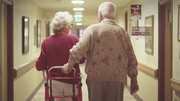 Elderly man is pushing his wife in her wheelchair as they walk down the hall of their retirement home