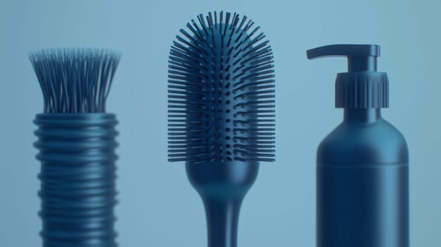 Hair care products set composed by comb, brush and lotion bottle on blue background for a minimal look