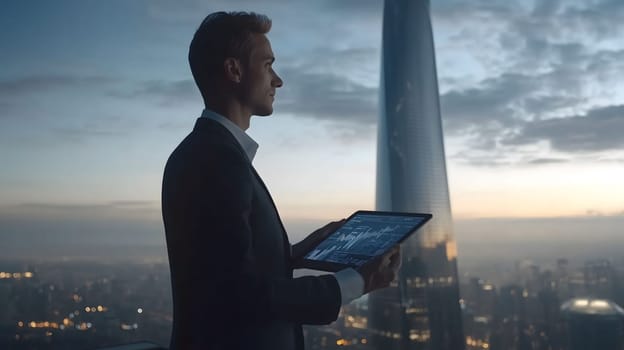 Businessman is standing in front of a window overlooking a city at night using a tablet to check financial data