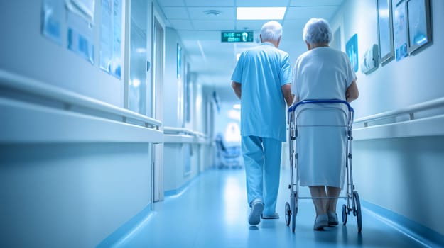 Doctor is assisting an elderly female patient using a walker in the corridor of a hospital