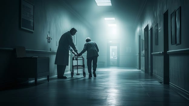 Doctor is assisting an elderly patient using a walker in the corridor of a hospital