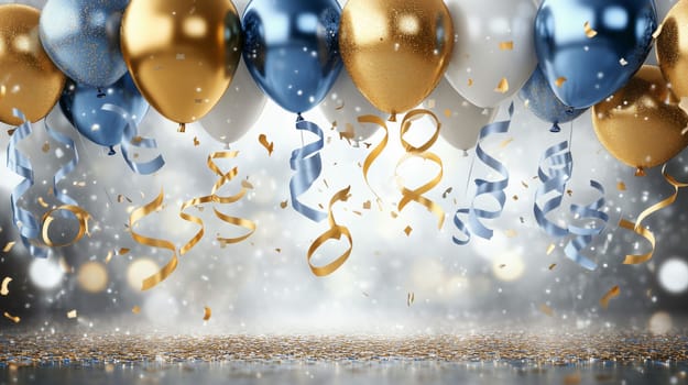 Blue and gold balloons with confetti falling on a sparkling background creating a festive atmosphere