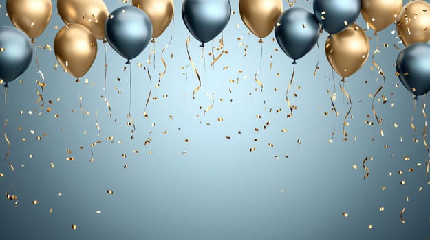 Gold and blue balloons hanging from the top of a pastel blue wall with gold confetti falling