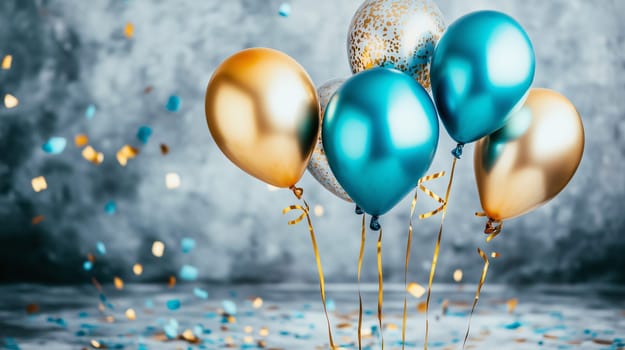 Blue and gold balloons are floating with falling confetti on a gray background for party or celebration
