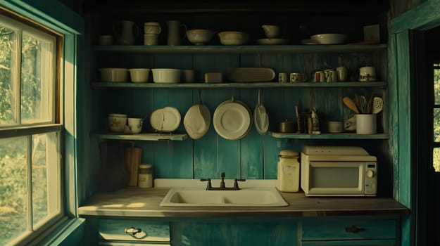 Country style vintage kitchen with open window