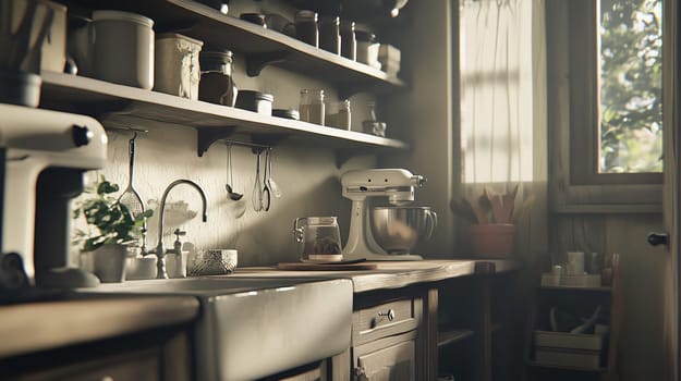 Bright and airy kitchen featuring rustic wooden cabinets, open shelves showcasing cooking ingredients, and various utensils