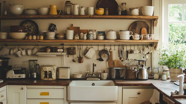 Rustic kitchen interior showing open shelving decorated with various dishes and kitchenware