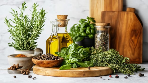 Fresh herbs and spices are arranged on a kitchen table, ready for cooking