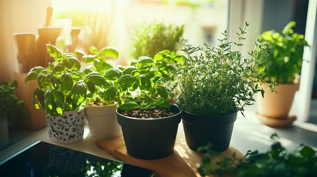 Aromatic herbs growing in pots on a sunny windowsill