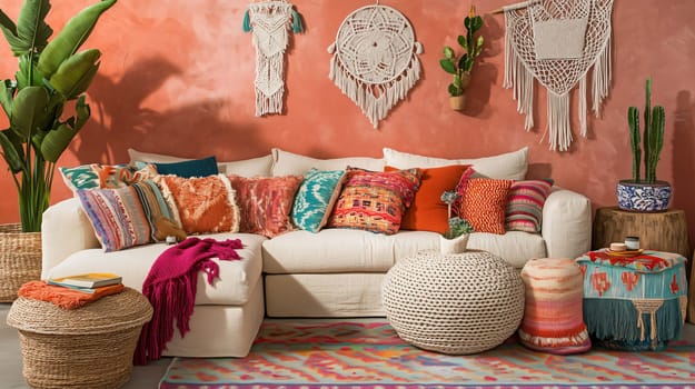 Bohemian living room interior with a bohemian style, featuring a white sofa adorned with an array of colorful pillows