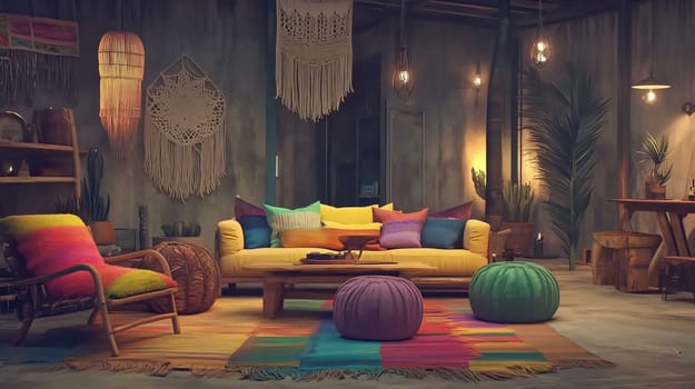 Bohemian living room showcasing a blend of bohemian and industrial design elements, featuring vibrant colors, natural textures, and unique furniture pieces