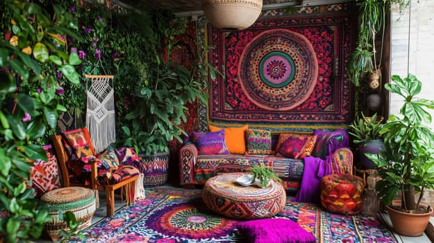 Colorful bohemian chic living room with a sofa and armchairs decorated with many plants