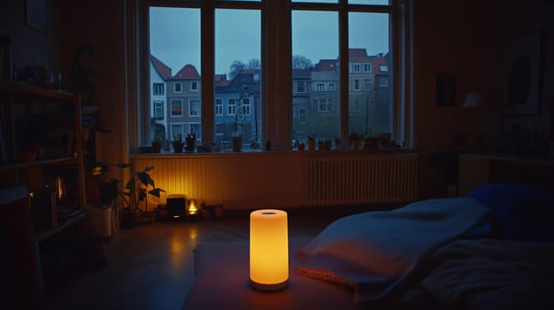 Modern smart led lamp illuminating a dark, cozy bedroom in the evening, creating a relaxing atmosphere