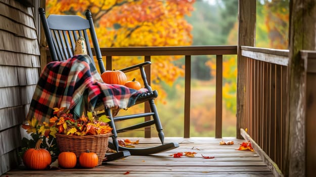 Rocking chair on a porch decorated with pumpkins and a plaid blanket with fall colors in the background