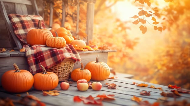 Wooden porch with pumpkins and apples is decorated for the fall season