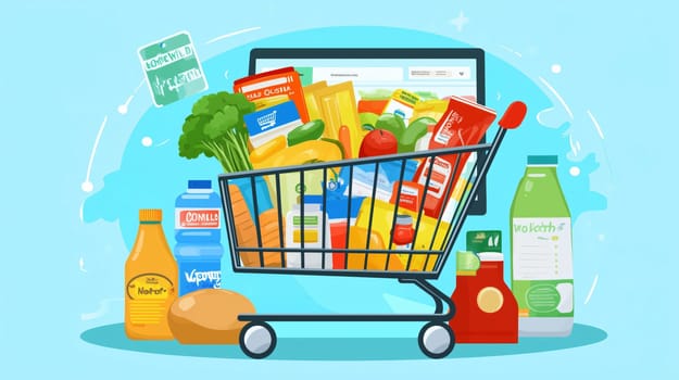 Online grocery shopping and delivery concept with shopping cart full of food and laptop standing nearby