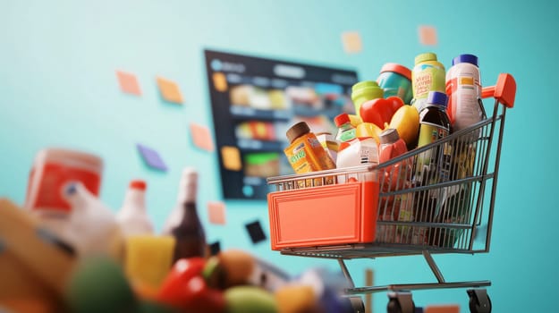 Miniature shopping cart full of groceries passing in front of a digital tablet displaying a grocery store webpage with a blue background