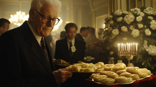Elegant senior man is holding a tray of sufganiyot, enjoying a hanukkah party with friends and family